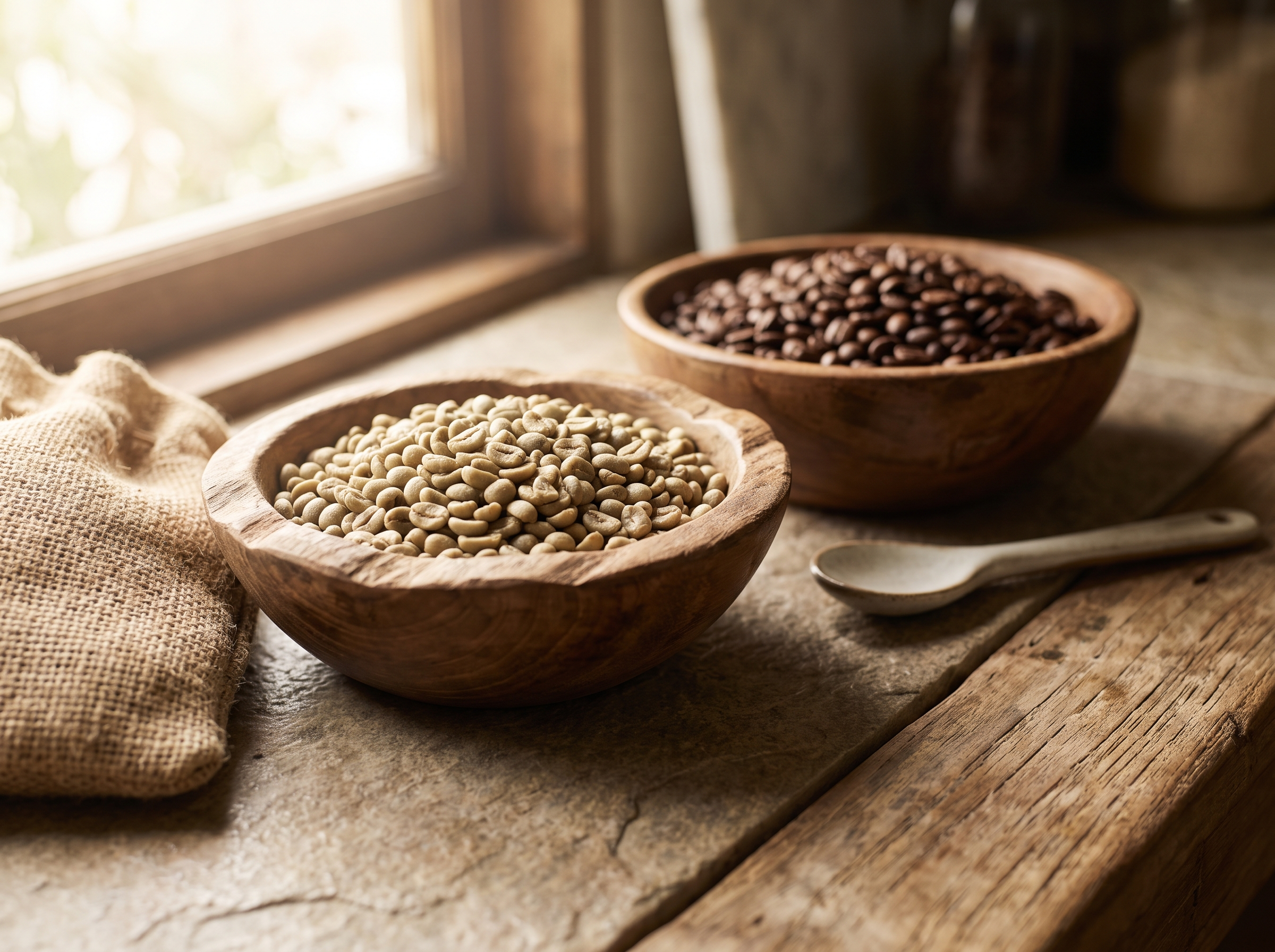 Raw and roasted coffee beans in wooden bowls on a stone counter
