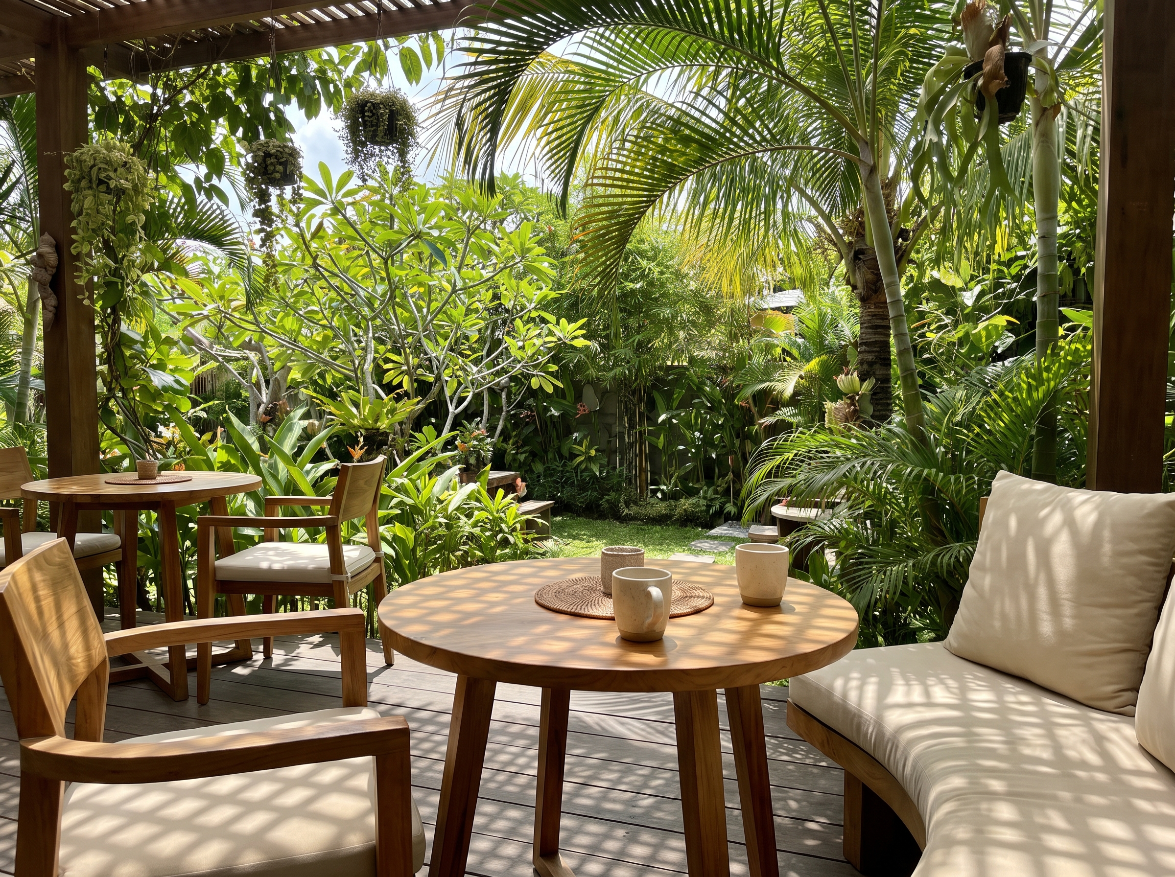 Open-air coffee shop terrace in Bali with wooden furniture