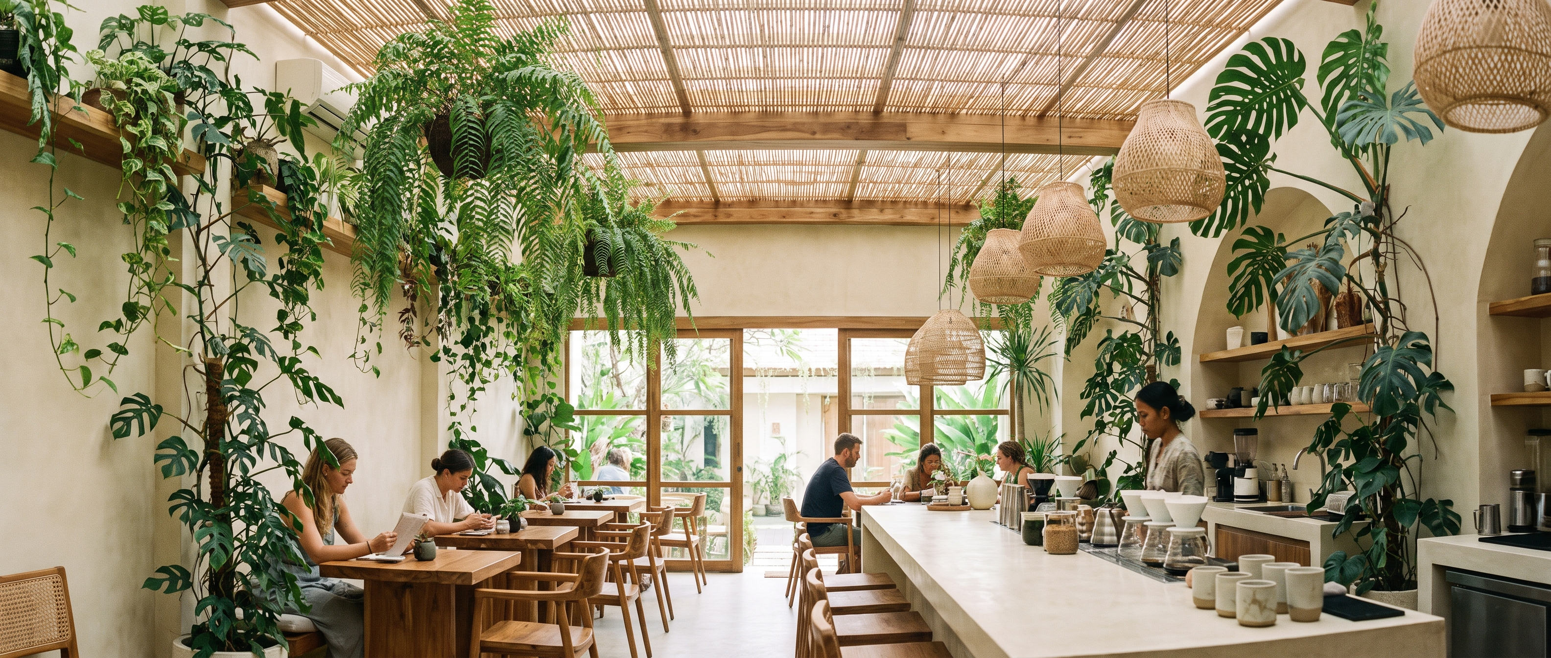 Coffee shop interior with lush Balinese greenery and natural wood