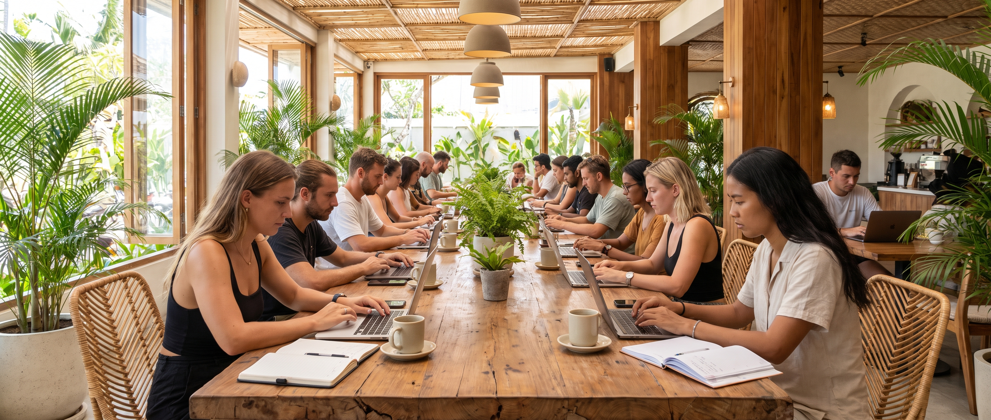 Guests working on laptops inside a bright, sunlit coffee shop