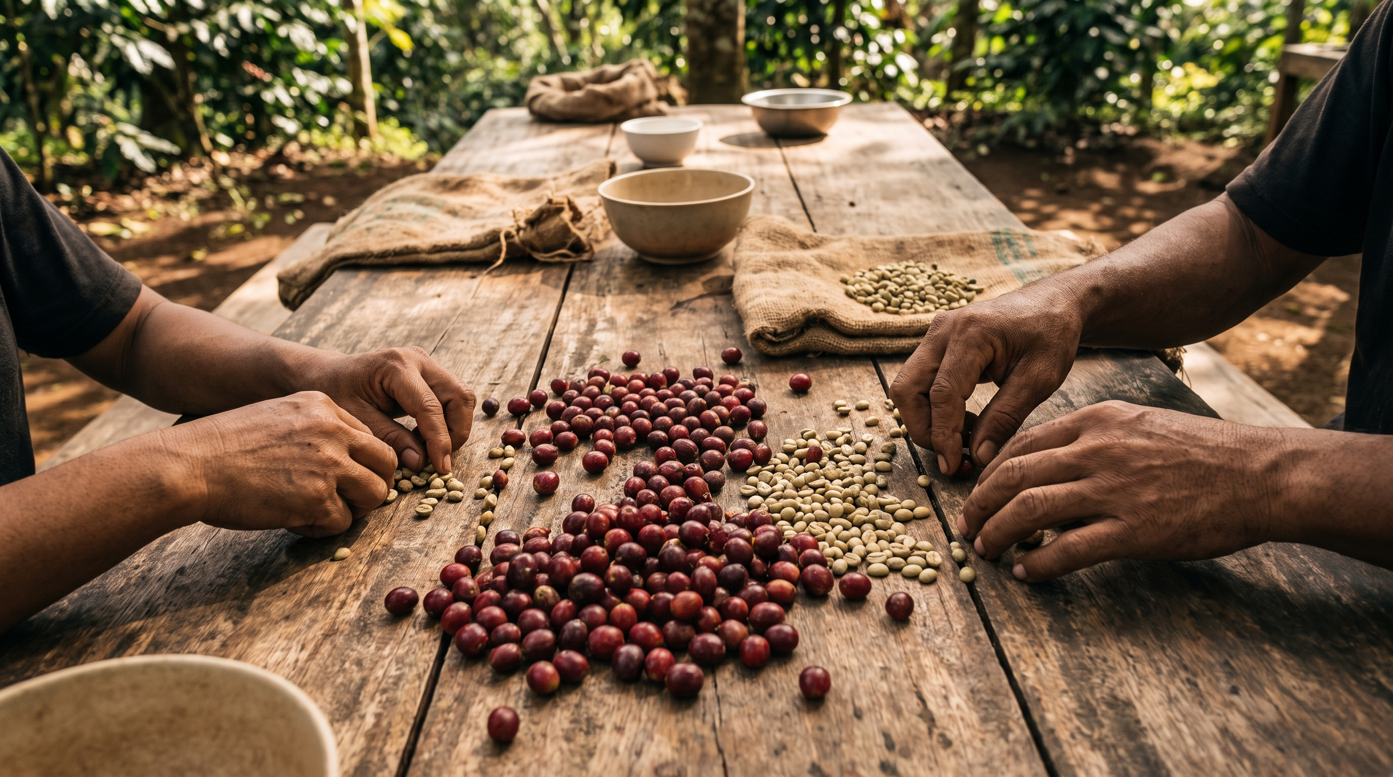 Hands sorting raw coffee cherries and green beans on a wooden table