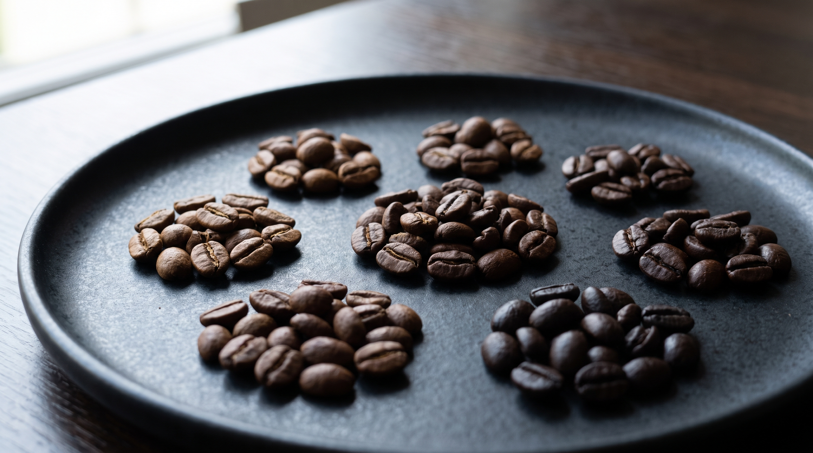Dried coffee beans of varied color on a dark tray