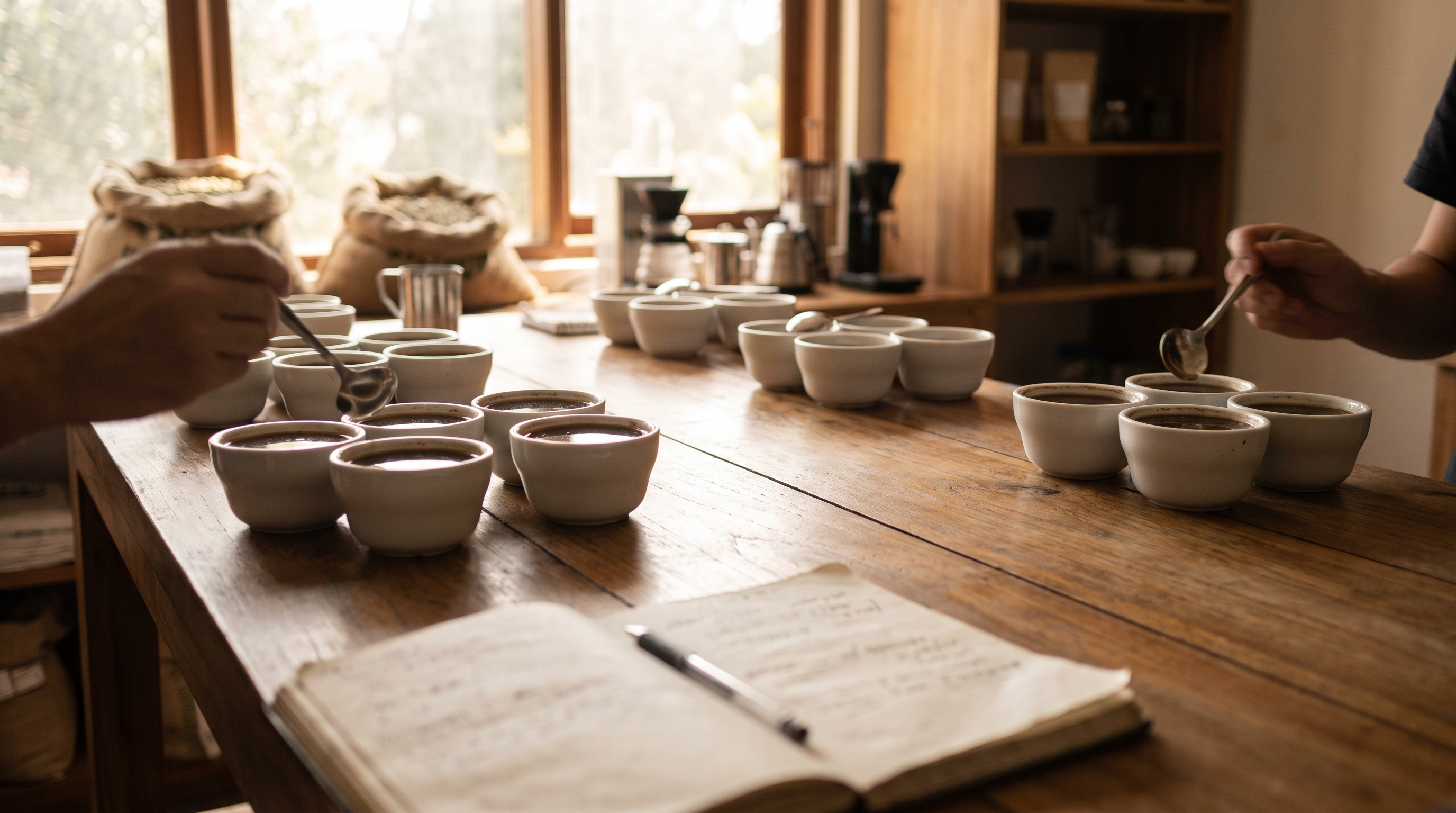 A coffee cupping session with several small cups of coffee samples