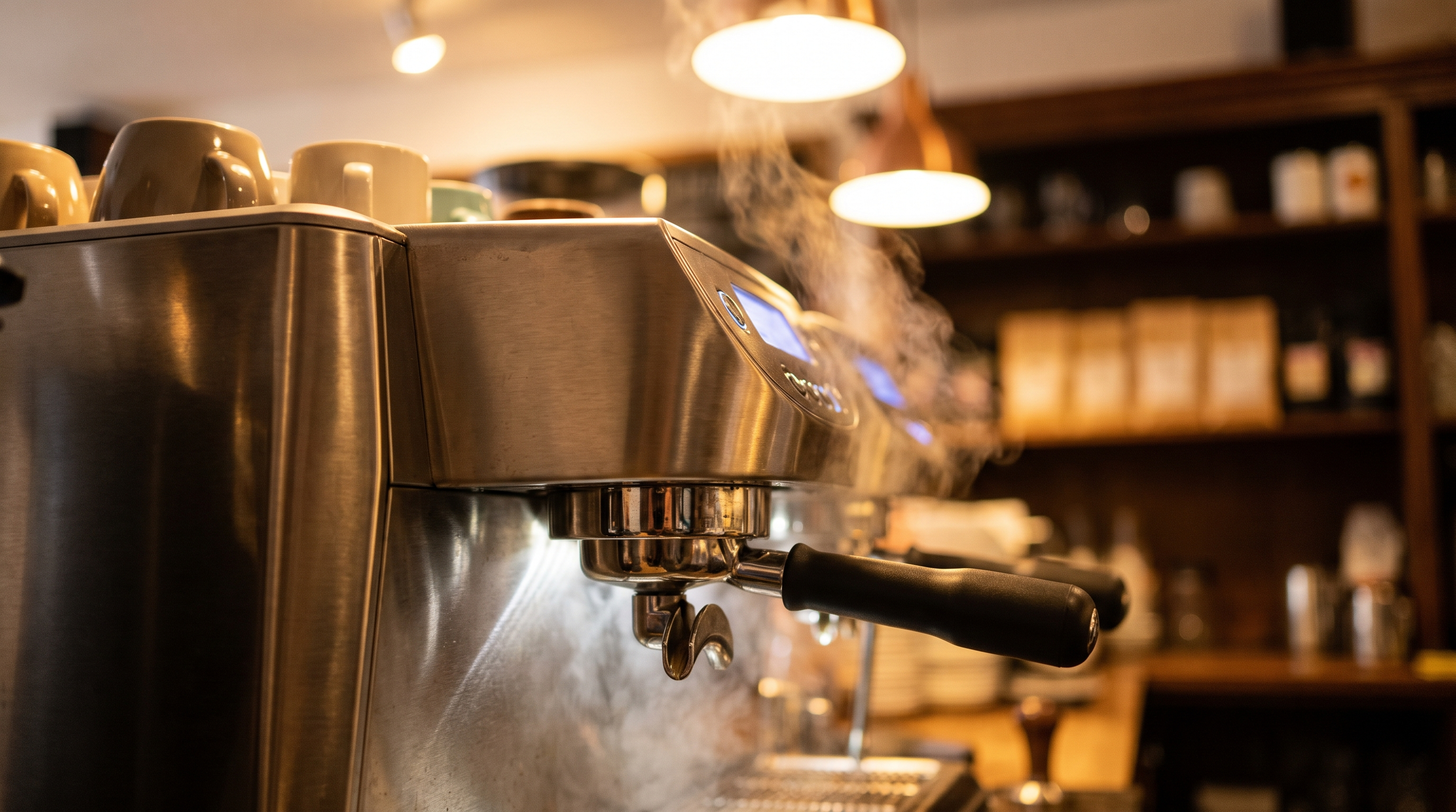 An espresso machine group head with a portafilter locked in